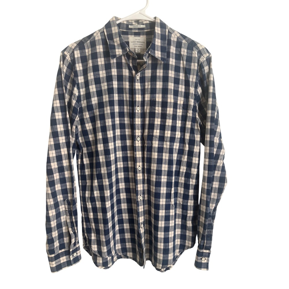 Lucky Brand Mens Classic Fit Navy Blue White Gingham Plaid Button Down Shirt S